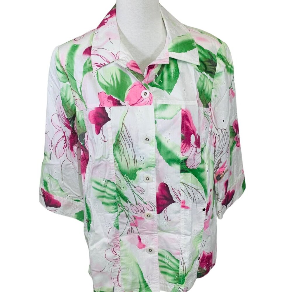 Allison Daley Floral Eyelet Jacket Size 14 Tropical Vibe Cruise Life Lightweight